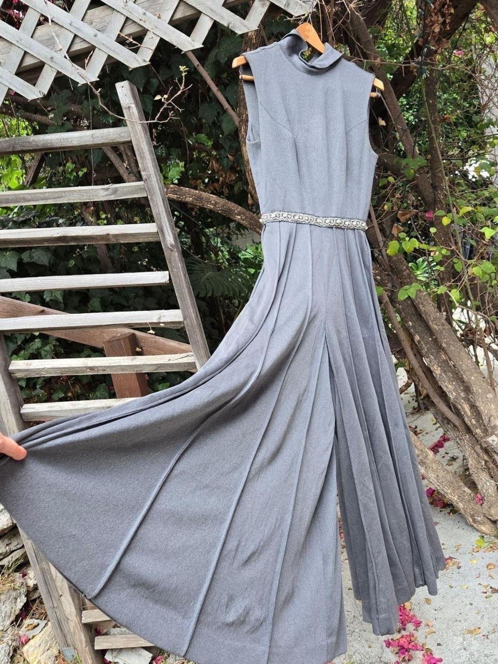 Vintage 60s Grey Sleeveless Maxi Jumpsuit with Embellished Waist As Is